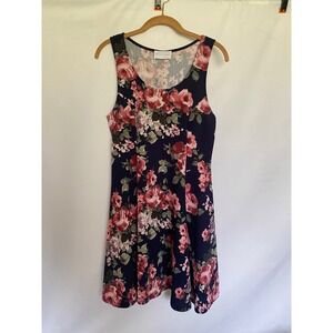 French Grey Navy Blue Pink Floral Sleeveless Skater Dress Large DR7900STA